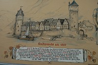  From the mural, a view of the city in 1850 together with a short history.  The town was given as a dowry in 1276 to the Duke of Katzenelnbogen.  The castle was built in 1371.  In 1806 the French destroyed the castle and it was rebuilt in 1896.  A bunch of other things also happened. Guests are heartily welcomed.